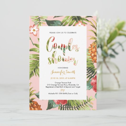 ピンクと金ゴールド | トロピカルカップルウェディングシャワー 招待状 (スタンド正面)