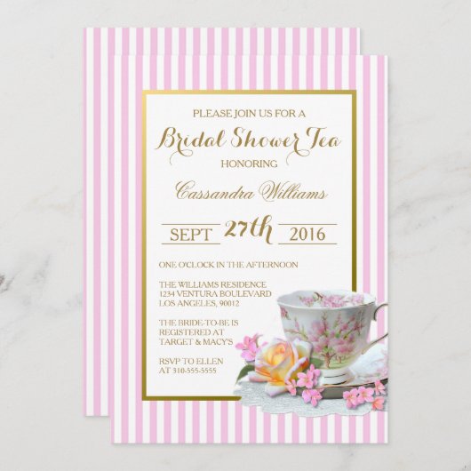 ピンクと金ゴールド-ブライダルシャワーティー招待状 招待状 (正面/裏面)