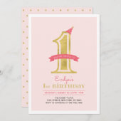 ピンクと金ゴールド |女の子の最初の誕生日パーティー 招待状 (正面/裏面)