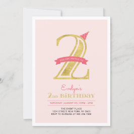 ピンクと金ゴールド |女の子の第2の誕生日パーティー 招待状