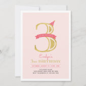 ピンクと金ゴールド |女の子の3rd誕生日パーティー 招待状 (正面)