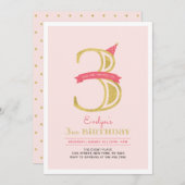 ピンクと金ゴールド |女の子の3rd誕生日パーティー 招待状 (正面/裏面)