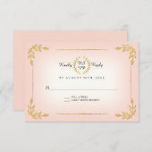 ピンクと金ゴールドRSVPモダンローレルリーフリースクラウン 出欠カード (正面/裏面)