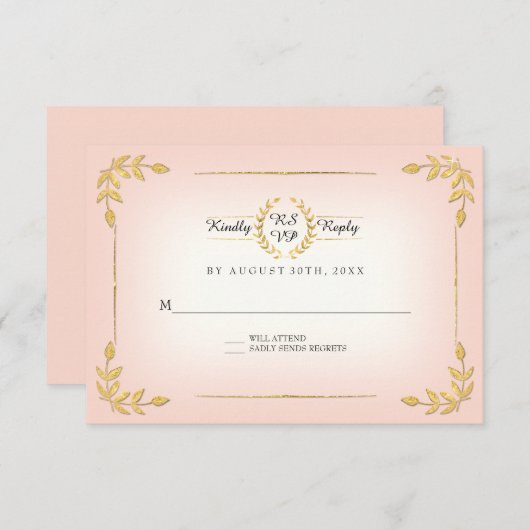 ピンクと金ゴールドRSVPモダンローレルリーフリースクラウン 出欠カード (正面/裏面)