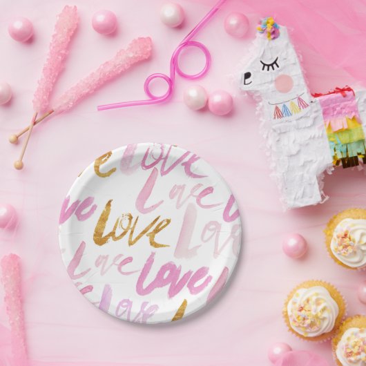 ピンクと金フェイク箔の愛のタイポグラフィパターン ペーパープレート (パーティー)