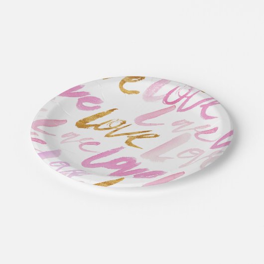 ピンクと金フェイク箔の愛のタイポグラフィパターン ペーパープレート (アングル)