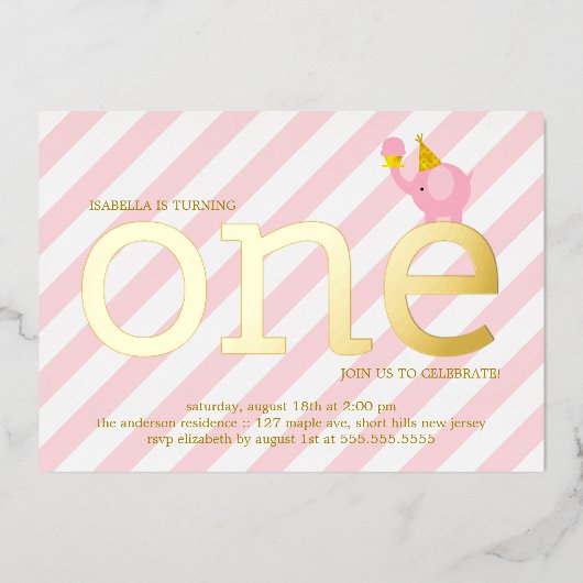 ピンクと金フェイク箔の象の誕生日パーティー 箔招待状 (正面)