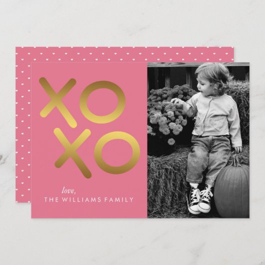 ピンクと金フェイク箔XOXOバレンタインデー シーズンカード (正面/裏面)