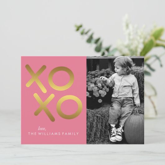 ピンクと金フェイク箔XOXOバレンタインデー シーズンカード (スタンド正面)