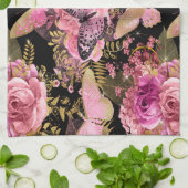 ピンクと金箔のフローラ蝶パターン キッチンタオル (折り畳み)