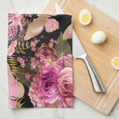 ピンクと金箔のフローラ蝶パターン キッチンタオル (四つ折り)