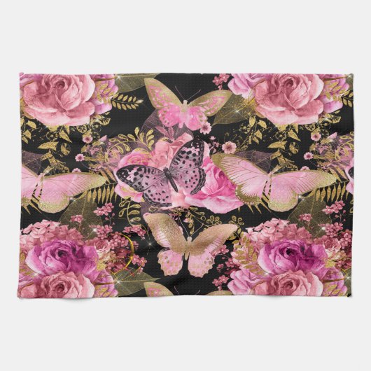 ピンクと金箔のフローラ蝶パターン キッチンタオル (横)