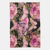 ピンクと金箔のフローラ蝶パターン キッチンタオル (縦)
