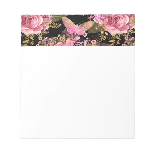 ピンクと金箔のフローラ蝶パターン ノートパッド (正面)