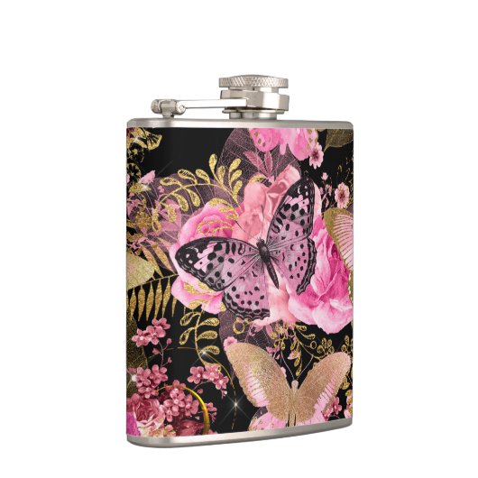ピンクと金箔のフローラ蝶パターン フラスク (右)