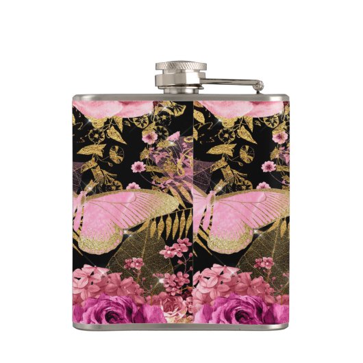 ピンクと金箔のフローラ蝶パターン フラスク (裏面)