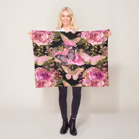 ピンクと金箔のフローラ蝶パターン フリースブランケット (インサイチュ)