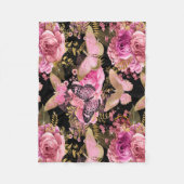 ピンクと金箔のフローラ蝶パターン フリースブランケット (正面)