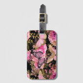 ピンクと金箔のフローラ蝶パターン ラゲッジタグ (正面縦)