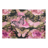 ピンクと金箔のフローラ蝶パターン 枕カバー (裏面)