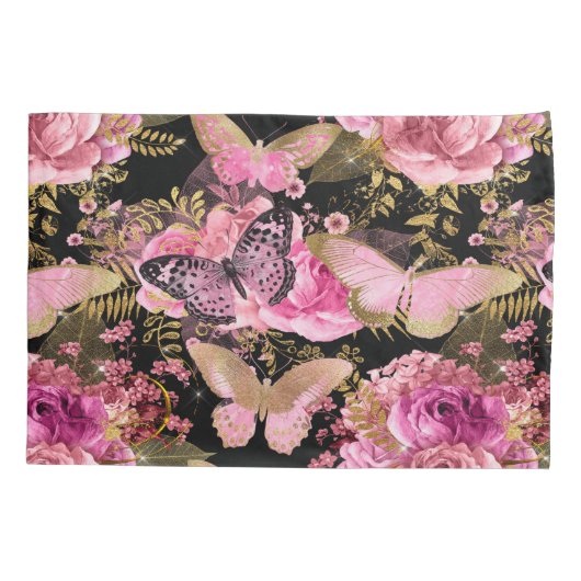 ピンクと金箔のフローラ蝶パターン 枕カバー (裏面)