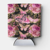 ピンクと金箔のフローラ蝶パターン 缶クーラー (正面)