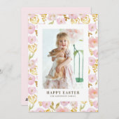 ピンクと金箔の花フォトハッピーイースター シーズンカード (正面/裏面)