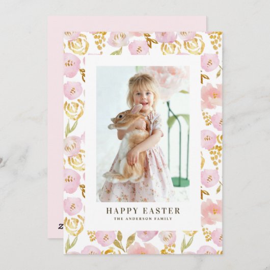 ピンクと金箔の花フォトハッピーイースター シーズンカード (正面/裏面)