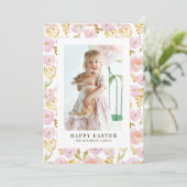 ピンクと金箔の花フォトハッピーイースター シーズンカード (スタンド正面)