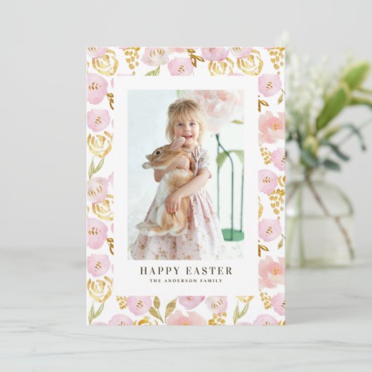 ピンクと金箔の花フォトハッピーイースター シーズンカード (スタンド正面)