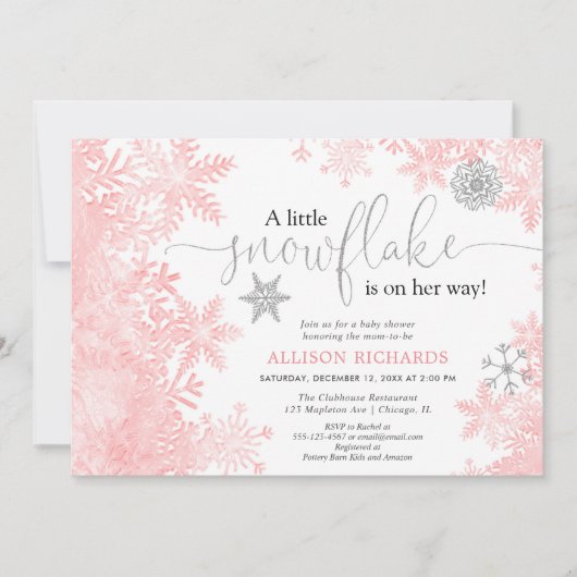 ピンクと銀のスノーフレーク冬の女の子の赤ちゃんシャワー 招待状 (正面)
