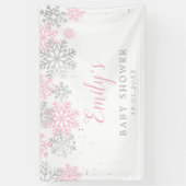 ピンクと銀の冬の雪片ガールベビーシャワー 横断幕 (縦)