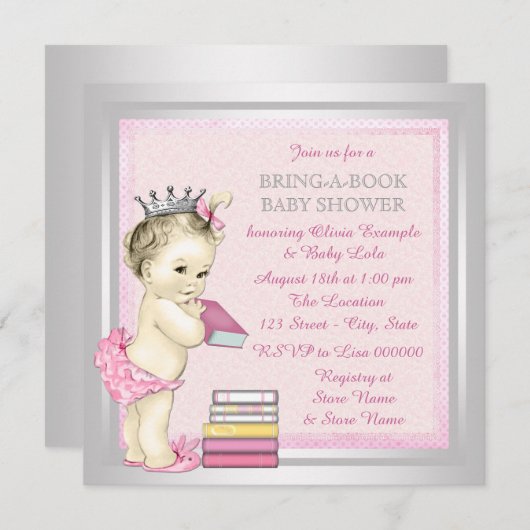 ピンクと銀の女の子が本の赤ちゃんシャワーを持参 招待状 (正面/裏面)
