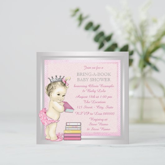 ピンクと銀の女の子が本の赤ちゃんシャワーを持参 招待状 (スタンド正面)