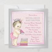 ピンクと銀の女の子が本の赤ちゃんシャワーを持参 招待状 (正面)