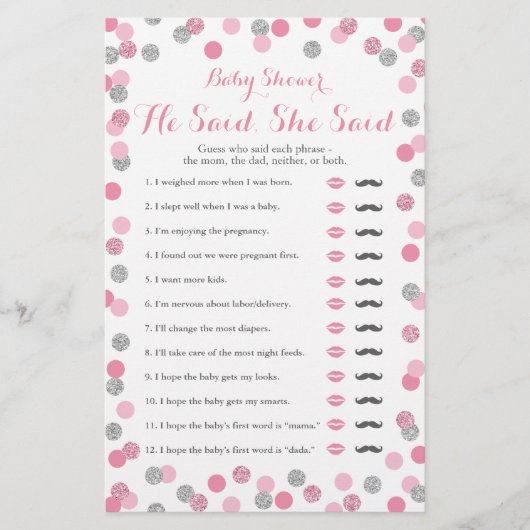 ピンクと銀の赤ちゃんシャワー彼は彼女はゲームを言った (正面)