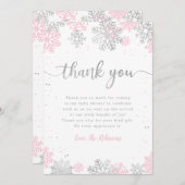 ピンクと銀の雪片の冬の女の子の赤ちゃんシャワー サンキューカード (正面/裏面)