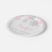 ピンクと銀の雪片の冬の女の子の赤ちゃんシャワー ペーパープレート (アングル)