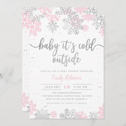 ピンクと銀の雪片の冬の女の子の赤ちゃんシャワー 招待状 (正面/裏面)