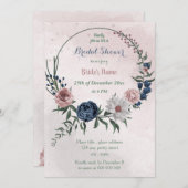 ピンクと青と白の花のリース ブライダルシャワー 招待状 (正面/裏面)