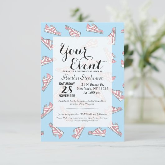 ピンクと青のかわいいスニーカー柄 招待状 (スタンド正面)