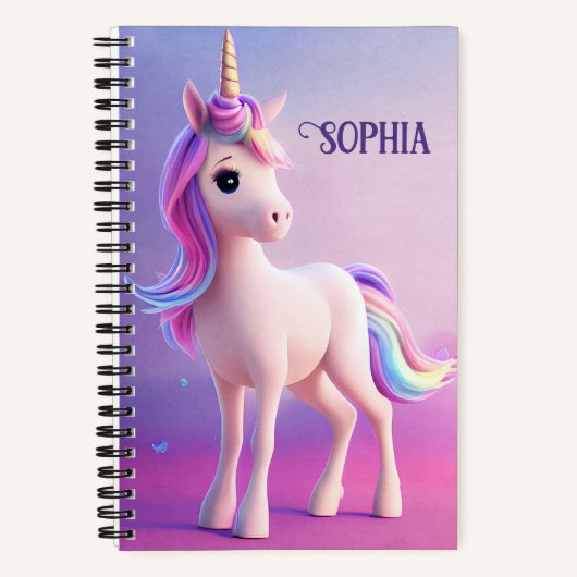 ピンクと青のたてがみの可愛い白いユニコーン ノートブック (正面)