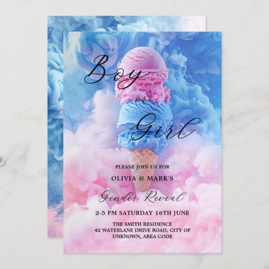 ピンクと青のアイスクリームスクープ煙のジェンダーの明け 招待状 (正面/裏面)
