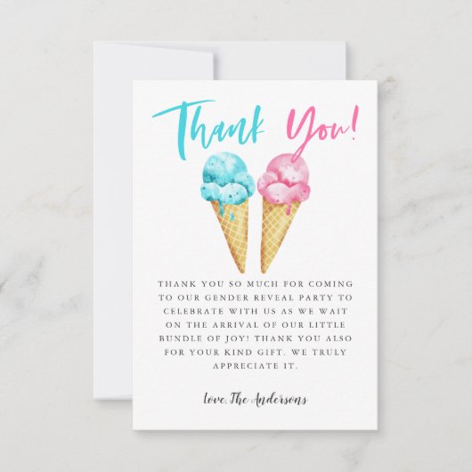 ピンクと青のアイスクリーム性別の表示パーティー サンキューカード (正面)