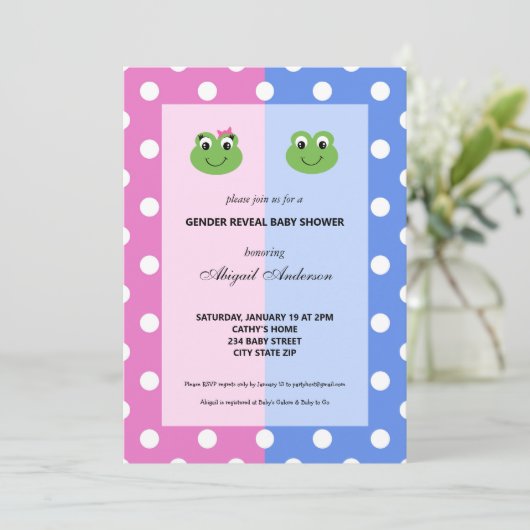 ピンクと青のカエルの性別が赤ちゃんのシャワーを明らかにする 招待状 (スタンド正面)