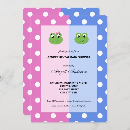 ピンクと青のカエルの性別が赤ちゃんのシャワーを明らかにする 招待状 (正面/裏面)