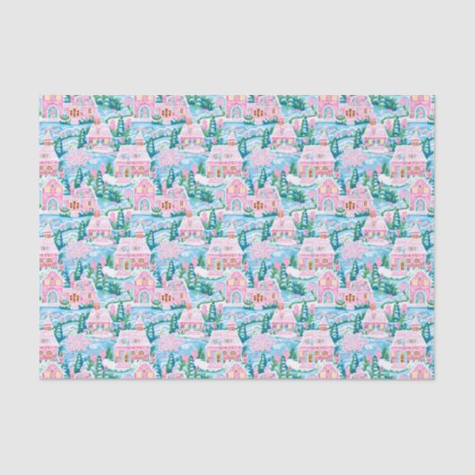 ピンクと青のクリスマスジンジャーブレッドビレッジ 薄葉紙 (正面)