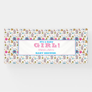ピンクと青のクリスマスパターンの女の子のベビーシャワー 横断幕