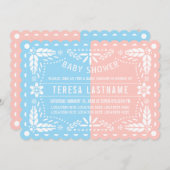 ピンクと青のジェンダーがパペルのピカドの赤ちゃんシャワーを明らかにする 招待状 (正面/裏面)