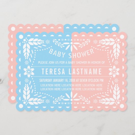 ピンクと青のジェンダーがパペルのピカドの赤ちゃんシャワーを明らかにする 招待状 (正面/裏面)